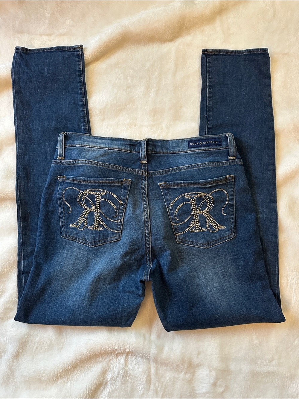 ROCK & REPUBLIC Women's Indigo Blue Embellished Pocket Jeans Sz12 Straight Cut